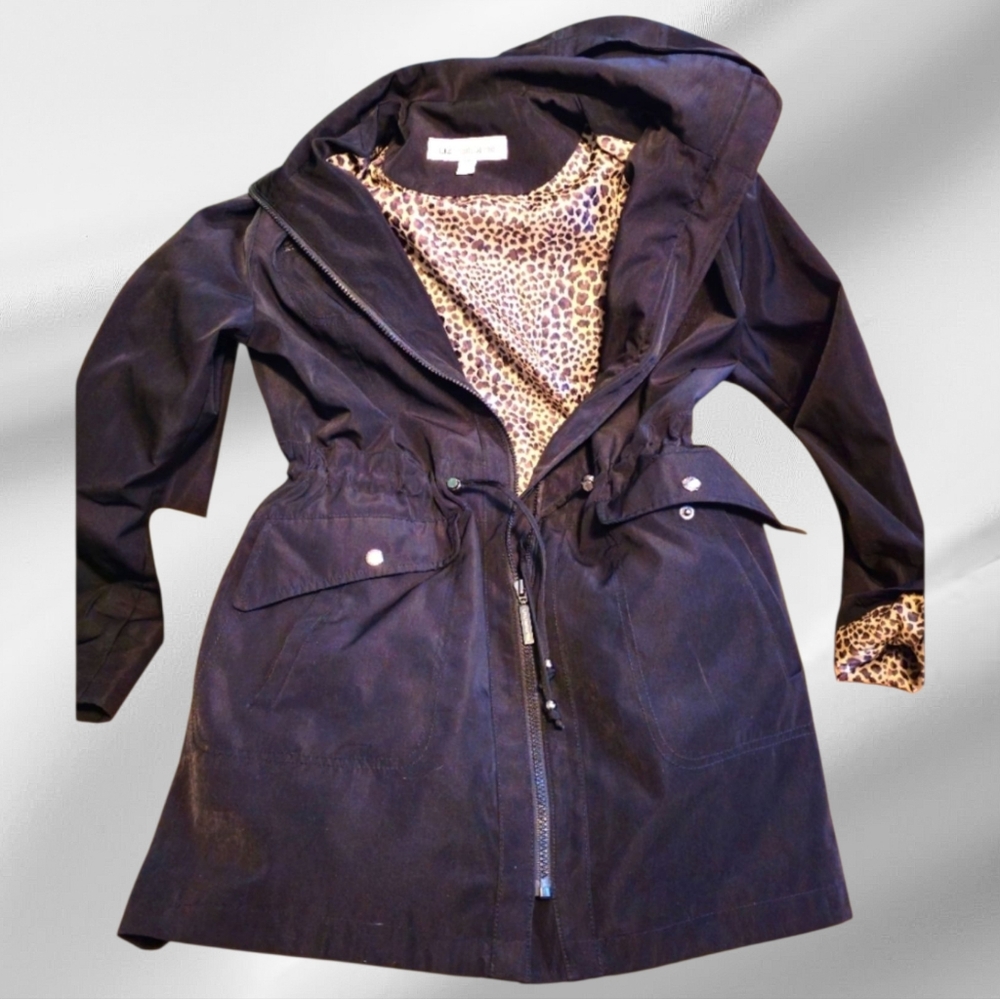 Liz Claiborne Long Black Hooded Coat Leopard Print Lining Women's